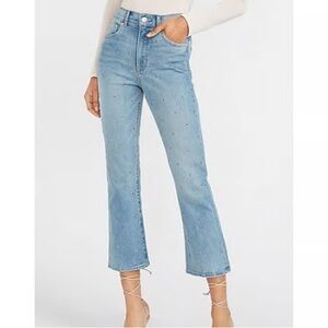 Express Jeans Women 2 High Rise Crop Flare Denim Embellished Rhinestone Bling